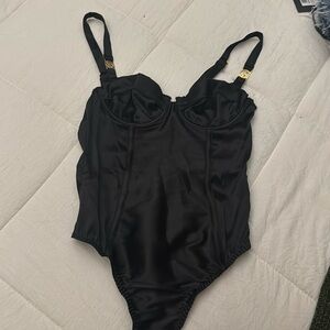 Black Victoria’s Secret, bodysuit, lingerie, sexy, gold silk satin